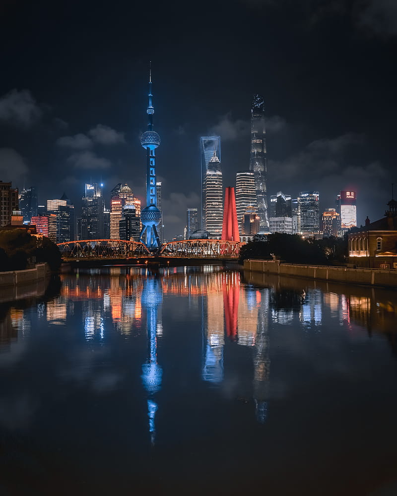 night city, buildings, river, lights, reflection, HD phone wallpaper