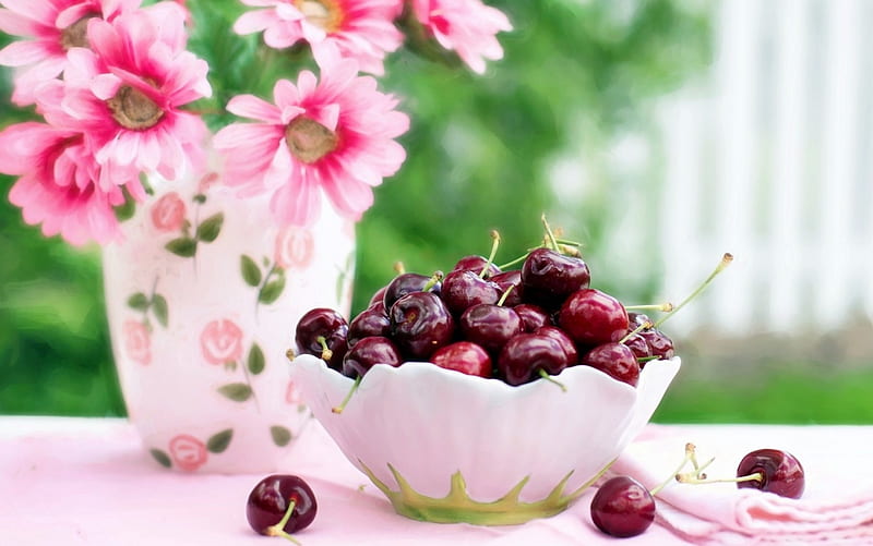 Cherries in a bowl, fruit, red, flowers, cherries, bowl, HD wallpaper