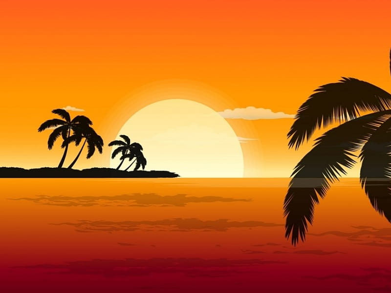 Orange Sunset, art, plam trees, orange, shadows, sunset, HD wallpaper ...