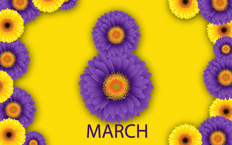 Happy Womens Day, March 8, creative art, purple flowers, 8 from flowers, international women's day, yellow background, March 8 postcard, spring, spring flowers, purple chrysanthemums, HD wallpaper