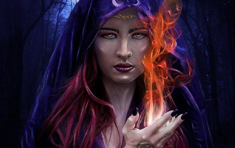 beautiful witch, witch, fire, fantasy, magic, HD wallpaper