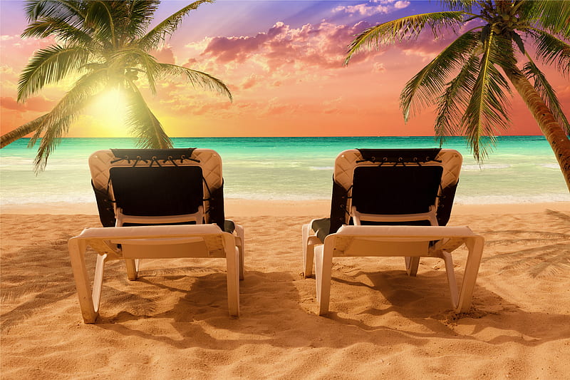 *, Sand, Sea, Palm trees, Shore, The sun, Loungers, HD wallpaper