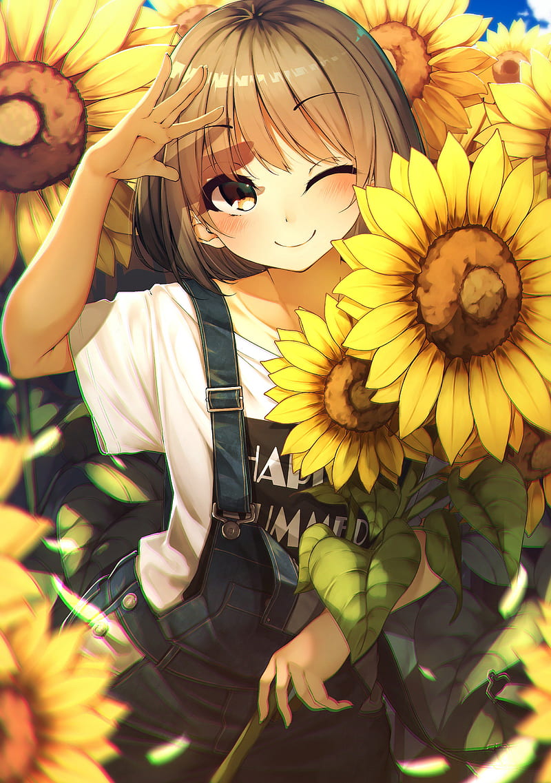 sunflowers, brunette, brown eyes, overalls, HD phone wallpaper