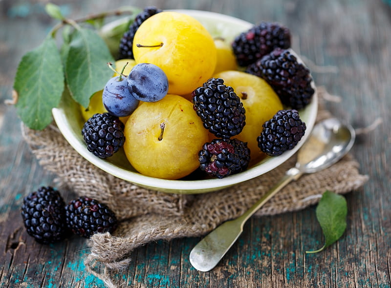 Fruits, autumn, berry, fruit, black berry, prune, yellow, HD wallpaper