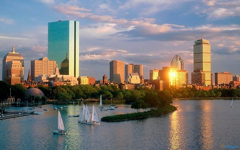 Back Bay Boston, boston, city, buildings, river, sky, bay, sailboats, HD wallpaper