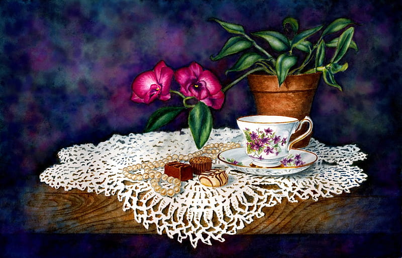candy and coffee, table, candy, doily, saucer, plant, flowers, pearls, teacup, HD wallpaper