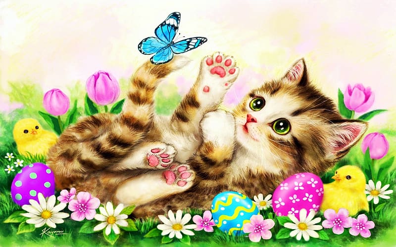 Easter Garden, eggs, flowers, chicken, blossoms, kitten, painting, butterfly, spring, HD wallpaper