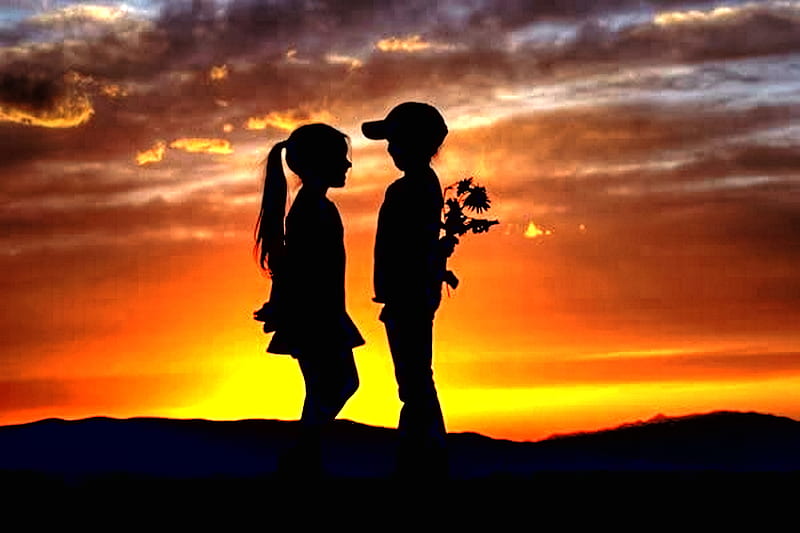 First Love, glow, sunlight, silhouettes, youth, bonito, sunset, delicate, boy, girl, care, HD wallpaper