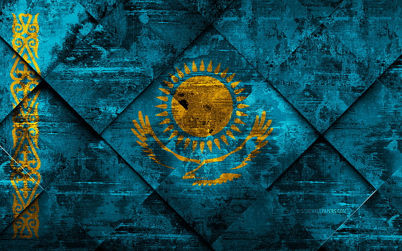 Flag of Kazakhstan grunge art, rhombus grunge texture, Kazakhstan flag, Europe, national symbols, Kazakhstan, creative art, HD wallpaper