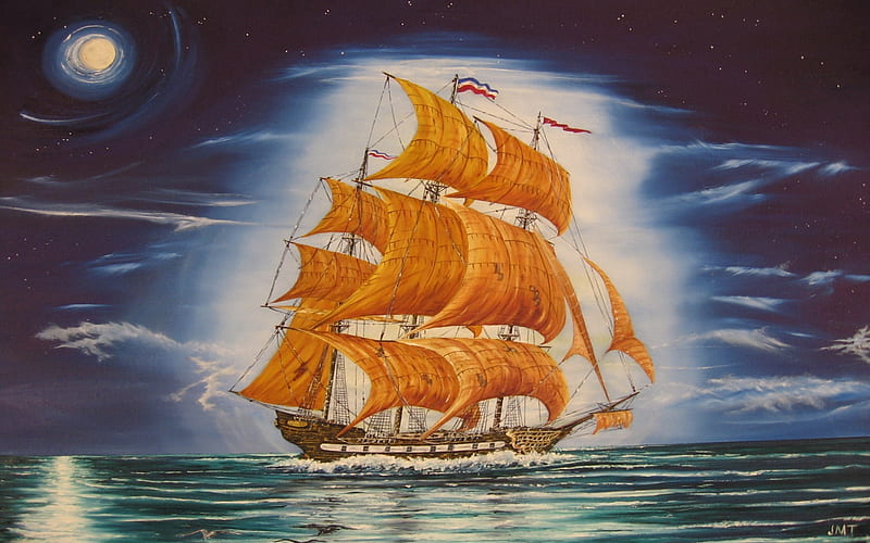 Flying Dutchman, cool, vessel, john tansey, ship, painting, sailing, moonlit, HD wallpaper