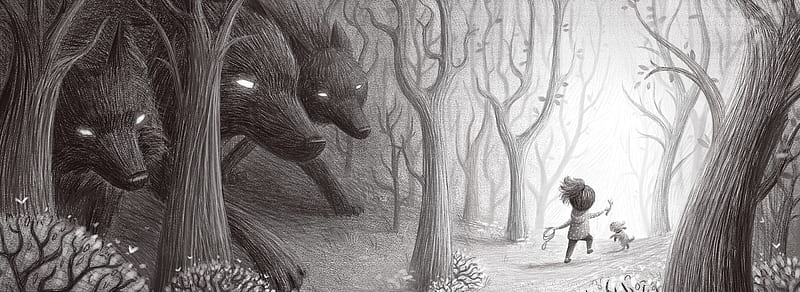 Fairytale Drawing Ultra, Artistic, Drawings, dark, Light, Forest, Drawing, Playing, Artwork, Puppy, Woods, Wolf, child, Wolves, Fairytale, HD wallpaper