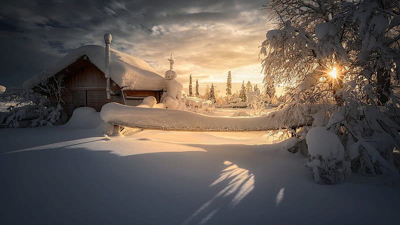 Snow Covered House And Trees During Sunrise Under Cloudy Sky Winter, HD wallpaper