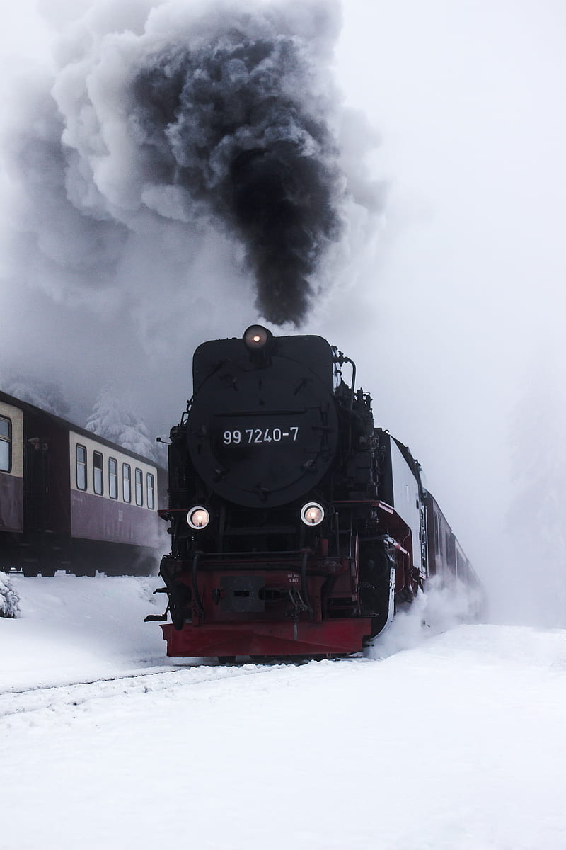 train, locomotive, smoke, snow, black, HD phone wallpaper