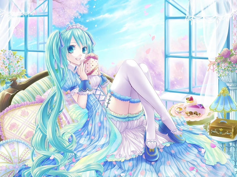 Hatsune Miku, dress, green eyes, box, bedroom, bed, sweet, nice, anime, hot, anime girl, vocaloids, long hair, vocaloid, present, female, lovely, window, gown, miku, smile, twintails, sexy, gift, happy, cute, hatsune, girl, petals, green hair, HD wallpaper
