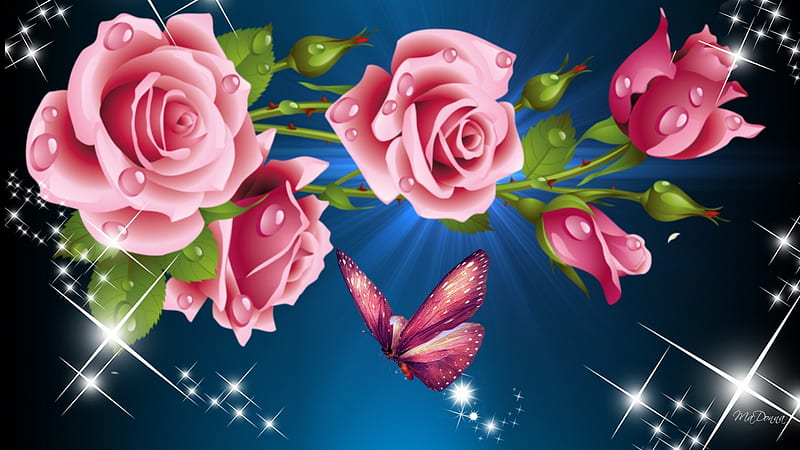 Pink Roses So Bright, flowers, glow, twinkle, lustre, flash, winkle, sparkle, glint, butterfly, shimmer, bright, papillon, flowers, pink, light, glisten, radiate, flare, blue, stars, scintillate sparkle, glitter, spangle, dew, glister, roses, glimmer, luster, wink, gleam, HD wallpaper