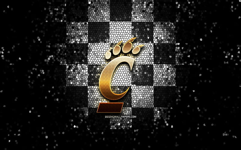 Cincinnati Bearcats, glitter logo, NCAA, black white checkered background, USA, american football team, Cincinnati Bearcats logo, mosaic art, american football, America, HD wallpaper
