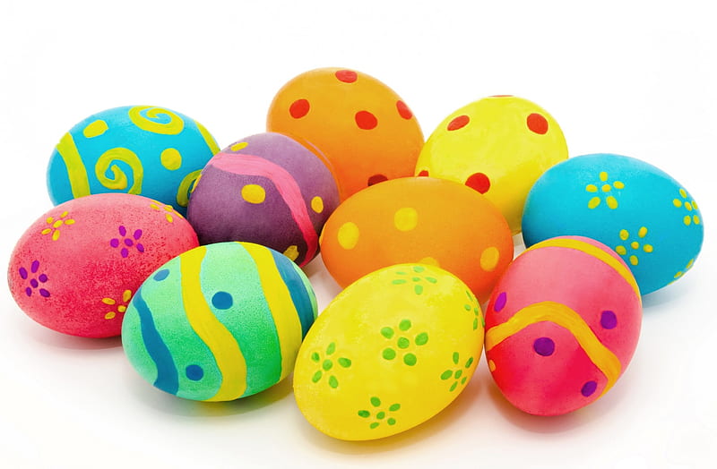 Happy Easter!, colorful, orange, yellow, easter, card, egg, dot, white, pink, blue, HD wallpaper