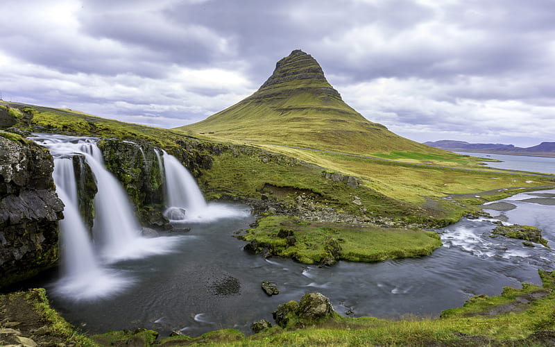 Waterfall Rocks River 2021 Iceland Green Meadow, HD wallpaper