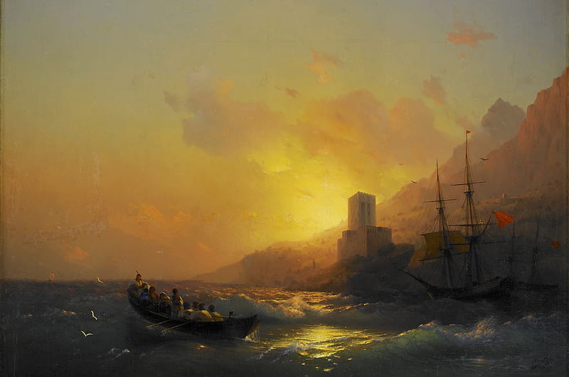 Sunset over the Great Lavra on Mount Athos, water, painting, athos, sunset, pictura, ivan aivazovsky, sea, art, orange, boat, HD wallpaper