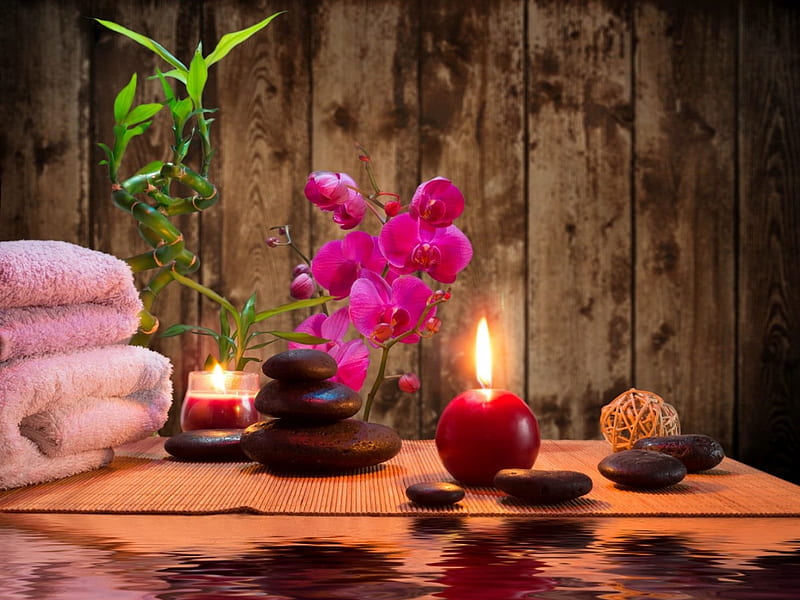 Spa still life, candle, relax, bonito, bamboo, still life, stones, flame, orchid, spa, flowers, HD wallpaper