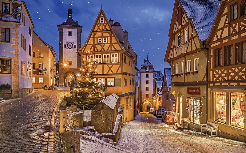 Rothenburg, Germany, Germany, houses, street, town, Christmas, HD wallpaper