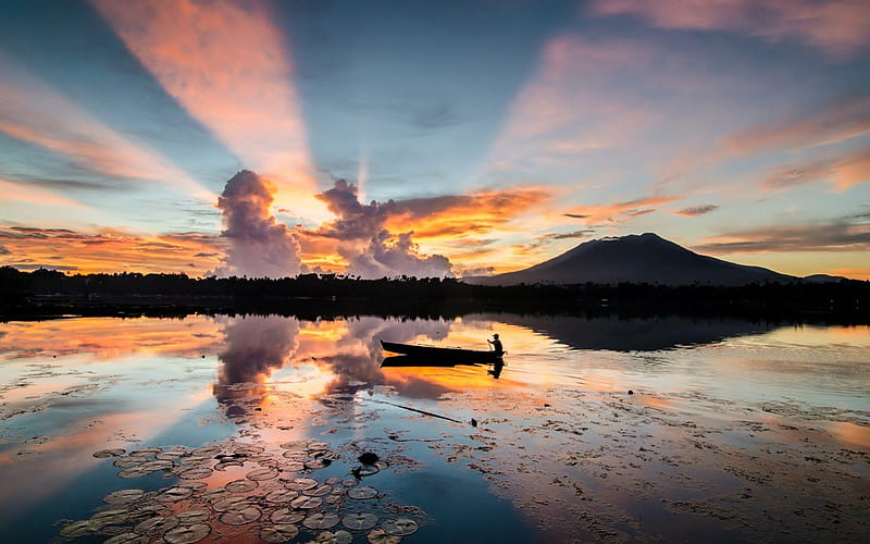 rowing on a lake at sunrise, boat, rays, lilies, sunrise, reflection, lake, HD wallpaper
