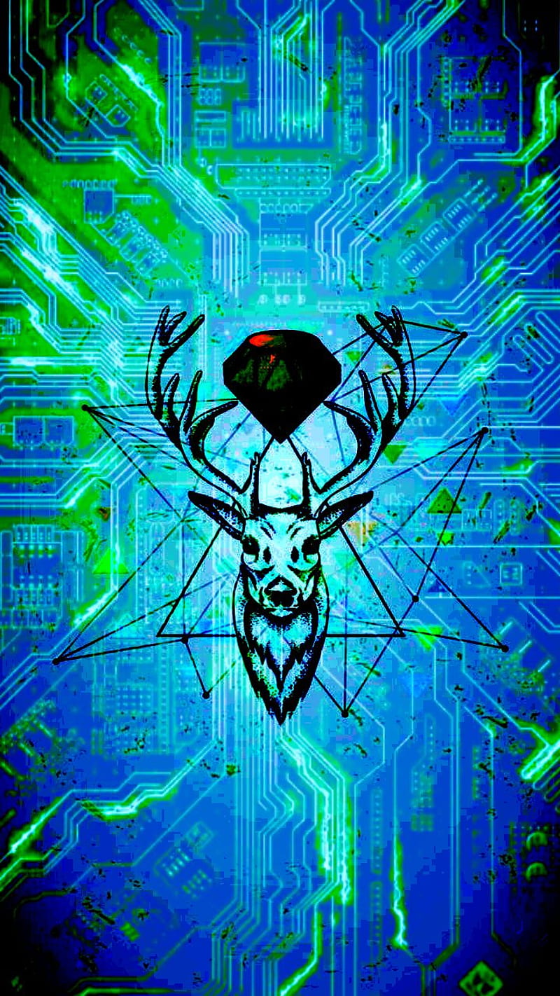 Deer hacker, blue, chevreuil, dessin, draw, geometry, green, tech, theme, triangle, HD phone wallpaper