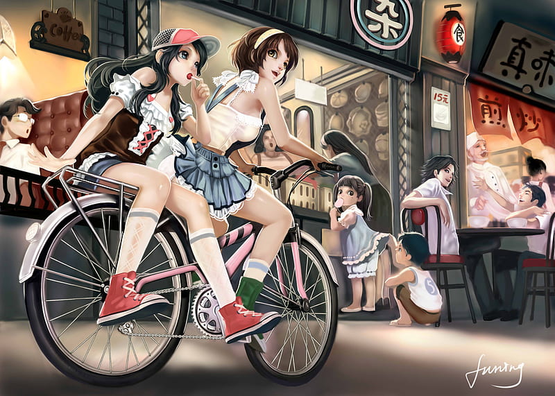 Bicycle Enjoy Fun, peaked cap, original, hairband, anime gir, two girls, anime girls, bicycle, sneakers, sweet, kid, rider, enjoy, look, female, lollipop, town, fun, happy, cute, cool, cap, sitting, HD wallpaper