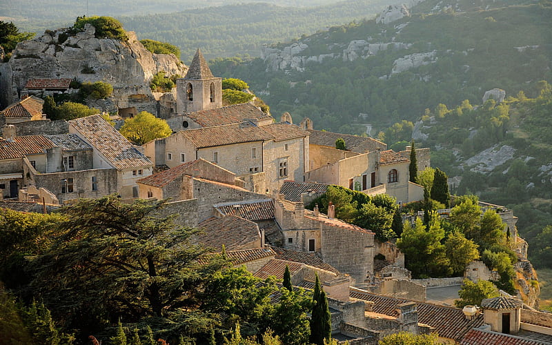 mountain city, summer, sunset, evening, mountain landscape, Midi-Pyrenees, Les Baux-de-Provence, France, HD wallpaper