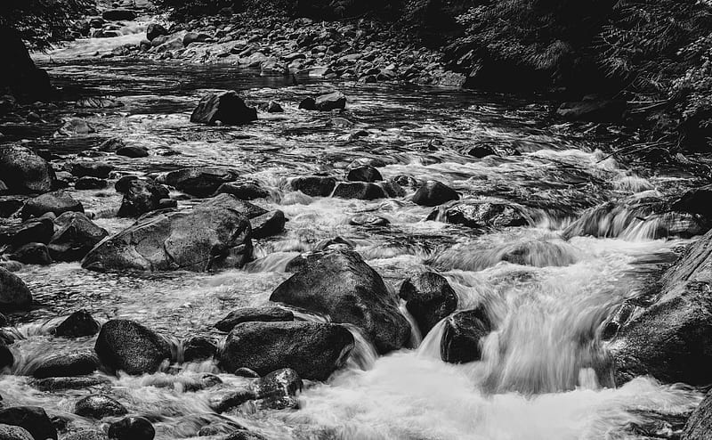 Flowing River Ultra, Black and White, River, Rocks, Flowing, blackandwhite, HD wallpaper