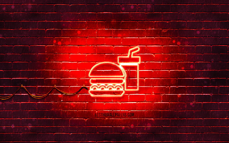 Fastfood neon icon red background, neon symbols, Fastfood, creative, neon icons, Fastfood sign, food signs, Fastfood icon, food icons, HD wallpaper