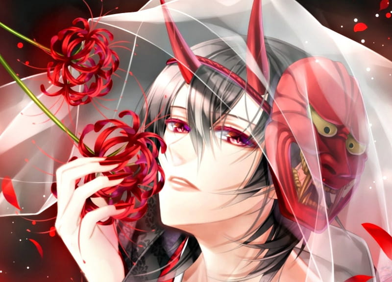 Daemon, red, veil, araragi, manga, spider lily, noh mask, girlface, anime,  flower, HD wallpaper | Peakpx