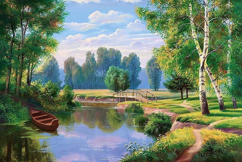 E.Samarskaya. Landscape with a Boat 2010 oil on canvas., art, tree, boat, grass, samarskaya, painting, lake, HD wallpaper