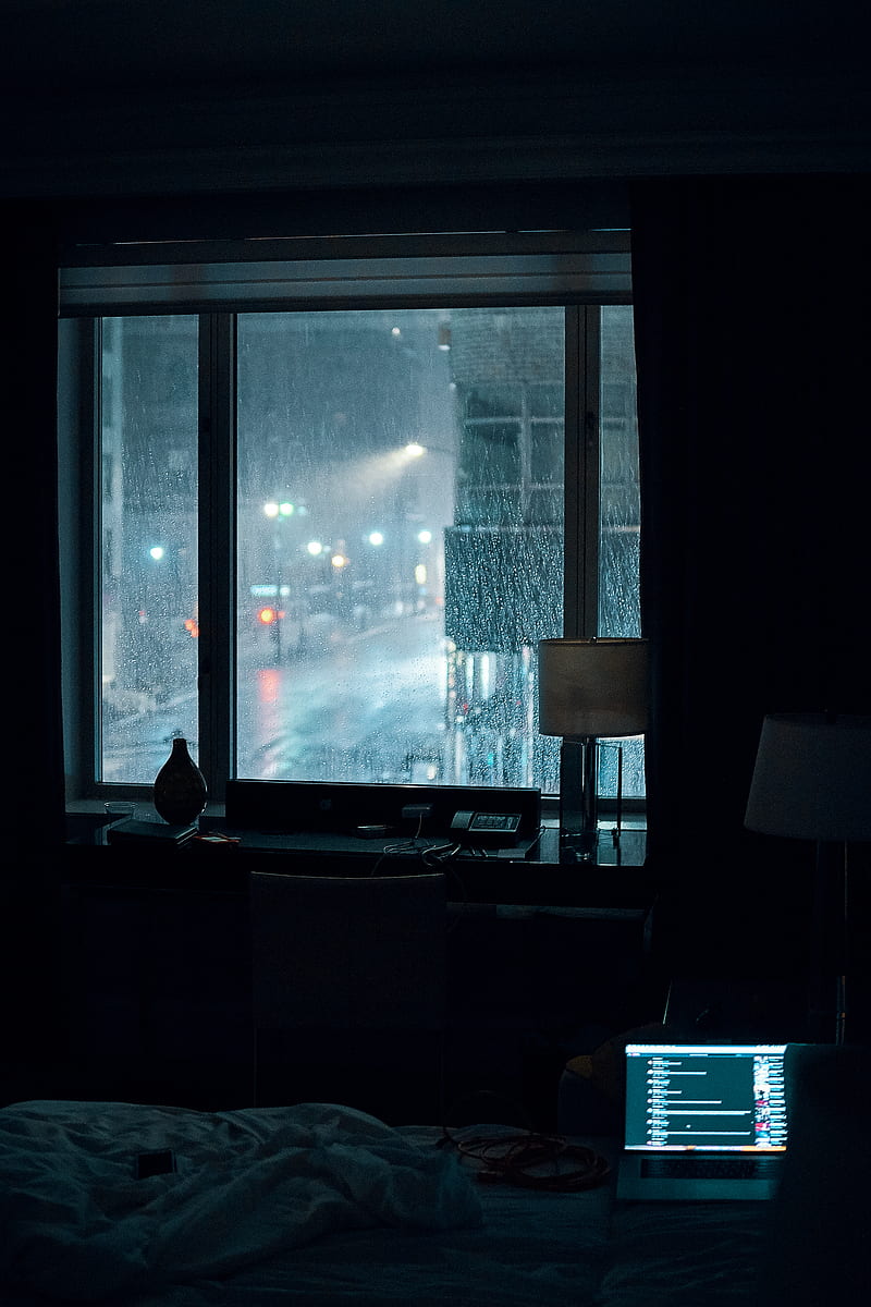 laptop computer left turned-on on bed inside room during rainy night, HD phone wallpaper