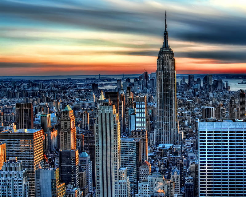 New York, city, manhattan, ny, skyscrapers, sunrise, HD wallpaper