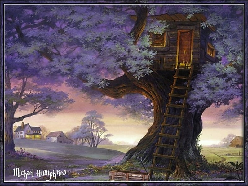 House in tree, pretty, colorful, art, lovely, treehouse, bonito, tree, painting, magical, best, peaceful, color, nature, landscape, HD wallpaper
