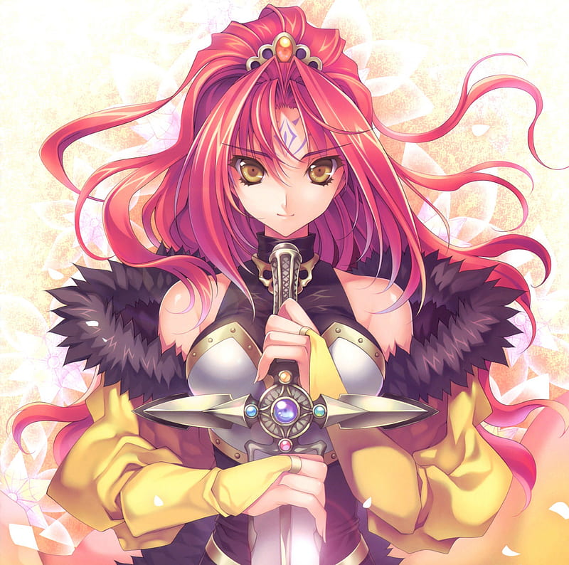 Anime Warrior, pretty, redhead, fighter, bonito, elegant, sweet, blade, anime, hot, beauty, anime girl, weapon, long hair, sword, gorgeous, female, lovely, red hair, sexy, yellow eyes, armor, cute, warrior, girl, knight, HD wallpaper