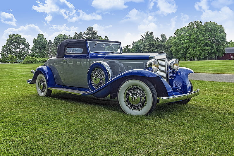 1932 Marmon Twelve Roadster, Marmon Twelve Roadster, grass, 1932, retro, vara, green, summer, white, blue, vintage, HD wallpaper