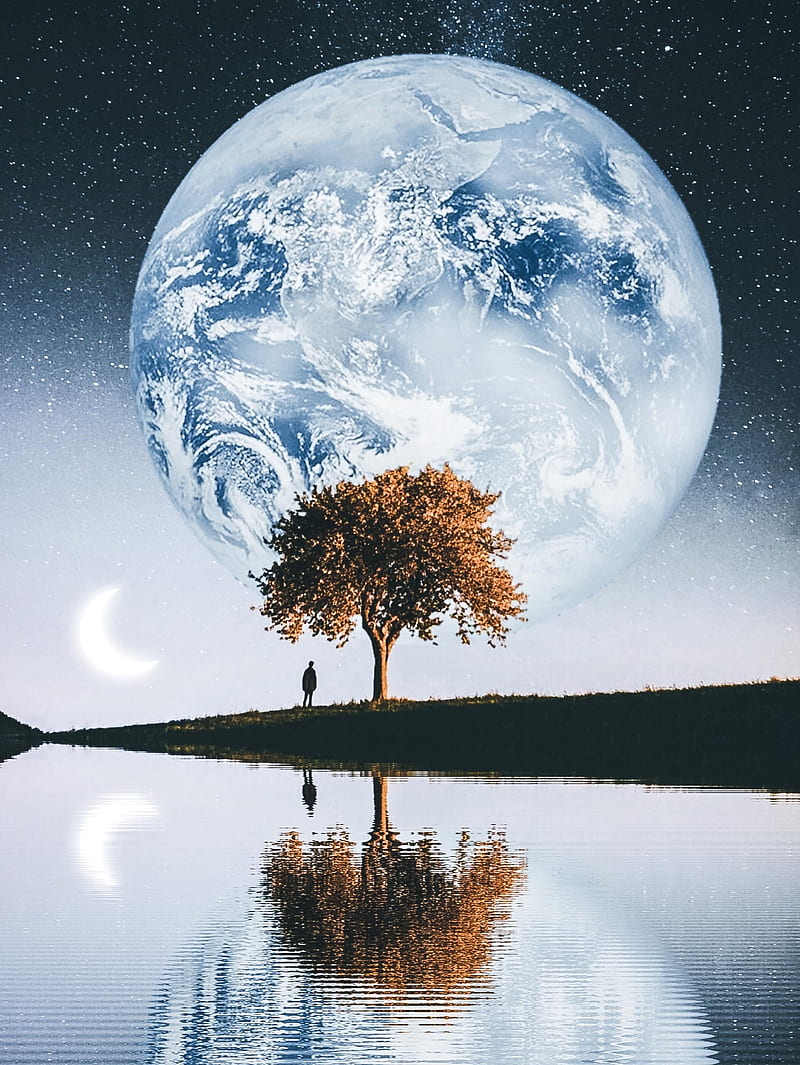 Alone under a tree, GEN_Z__, black, blue, cosmos, crescent moon, digitalmanipulation, galaxy, human, lake, loneliness, man, moon, night, philosopher, manipulation, planet, pond, reflection, river, silhouette, sky, space, spleen, starry night, starry sky, thought, universe, water, HD phone wallpaper