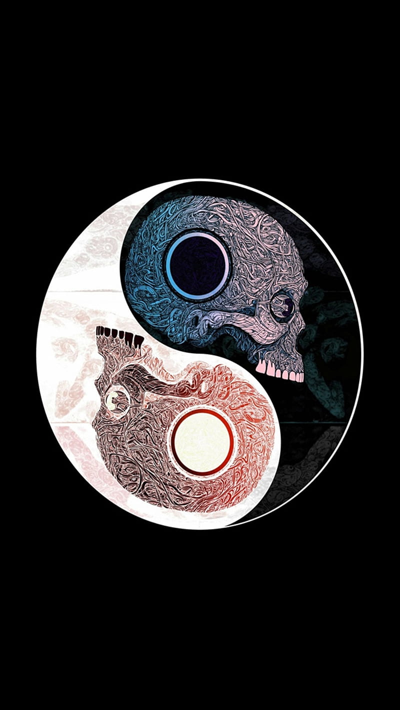 Yin Yang, amulet, black, negative, positive, skull, white, yinyang, HD phone wallpaper