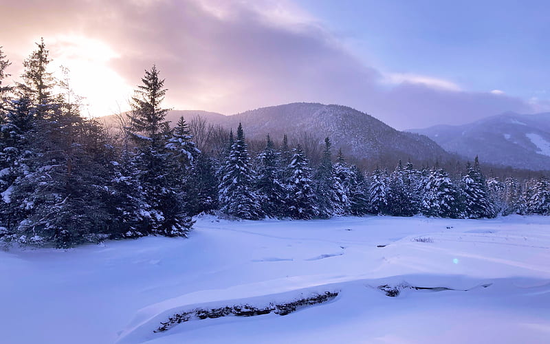Marcy Dam, Adirondacks, NY, usa, snow, mountains, trees, sky, clouds, landscape, winter, HD wallpaper