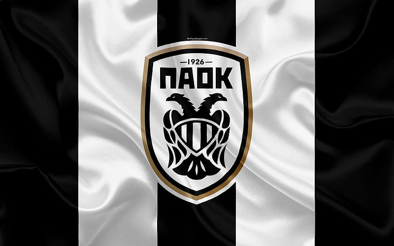 PAOK FC Greek football club, emblem, PAOK logo, Super League, championship, football, Thessaloniki, Greece, silk texture, flag, HD wallpaper
