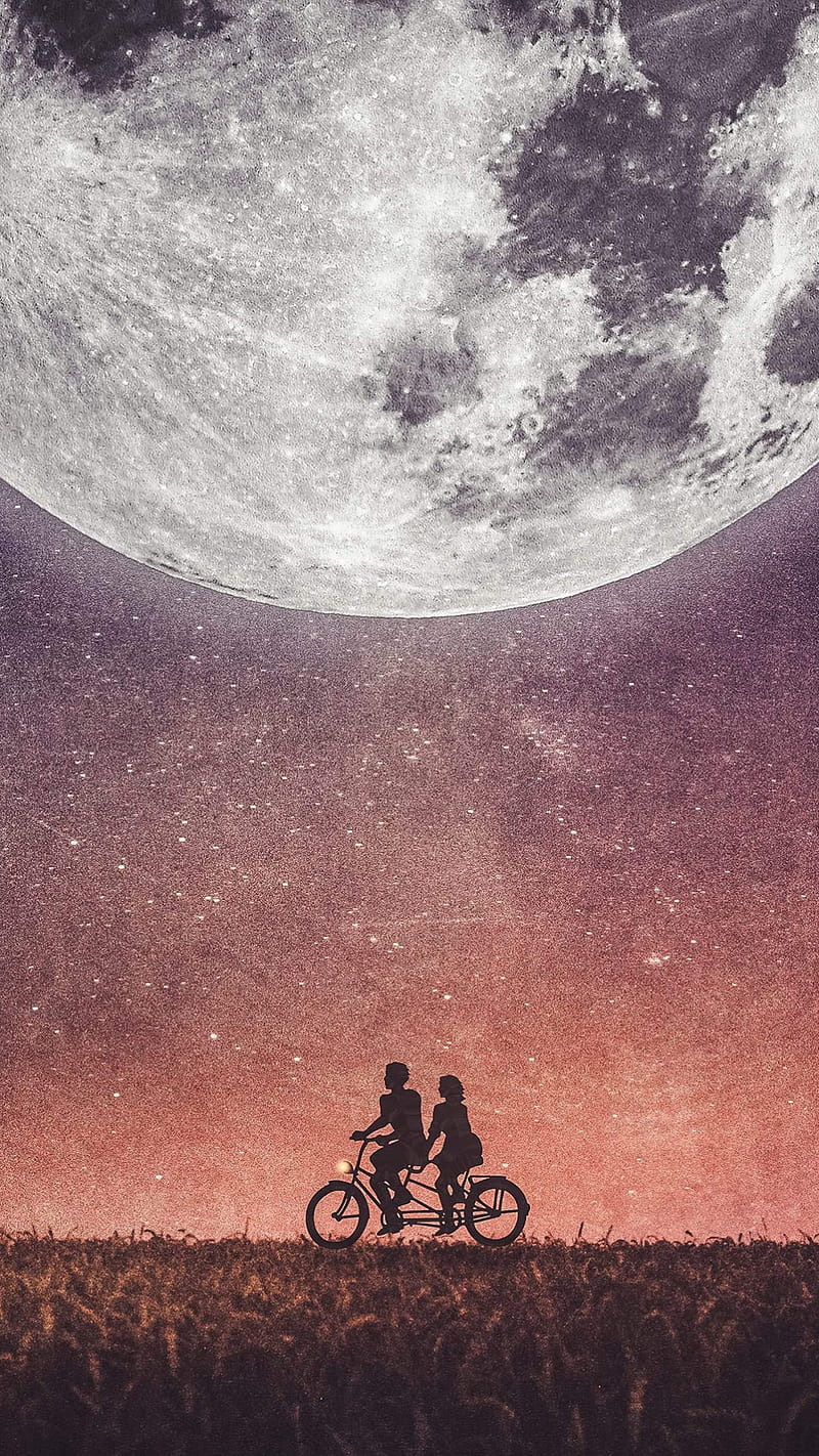 Couple on Cycle , moon, behance, digital art, art, artist, love, HD phone wallpaper