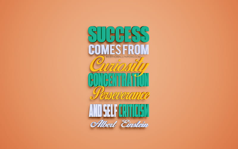 Success comes from curiosity concentration perseverance and self criticism, Albert Einstein quotes, creative 3d art, quotes about success, popular quotes, motivation, inspiration, orange background, HD wallpaper
