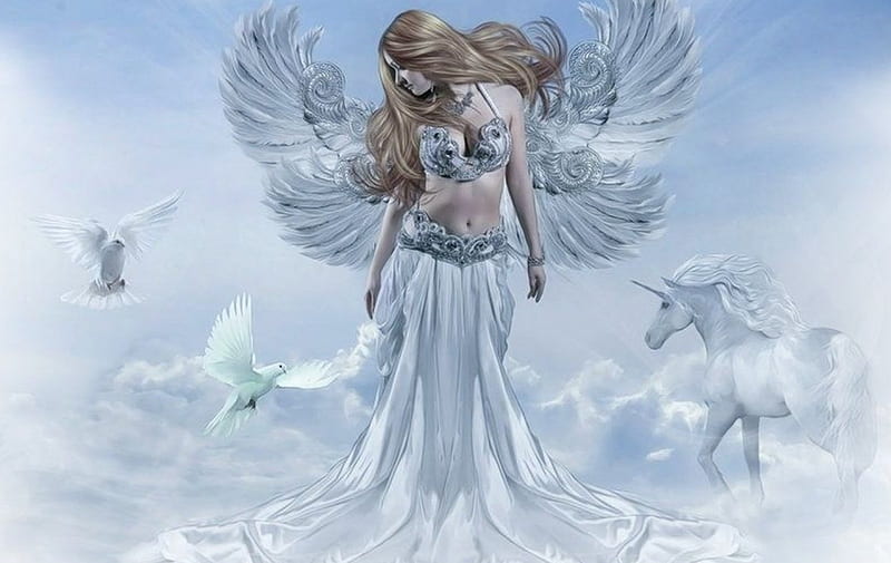 Peace & love, pigeon, Angel, girl, love, peace, horse, HD wallpaper