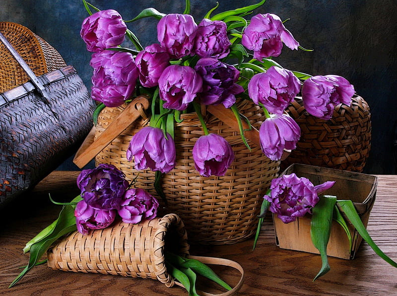 Still life, pretty, table, lovely, scent, bonito, spring, fragrance, nice, purple, basket, flowers, violet, HD wallpaper