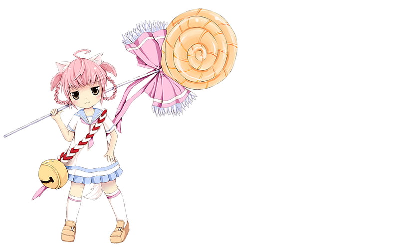 lolii POP, cute, little, girl, sash, bell, chibi, pink hair, big lollypop, HD wallpaper