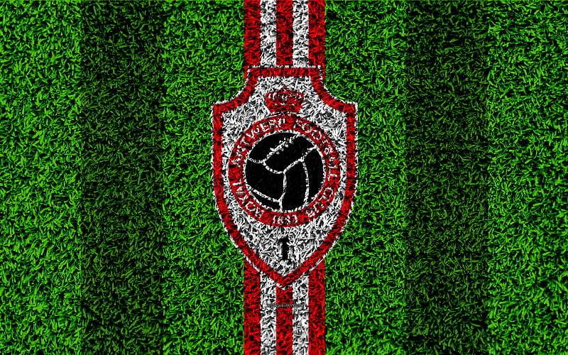 Royal Antwerp FC , Belgian football club, football pitch, logo, red white lines, Jupiler League, grass texture, Antwerp, Belgium, Belgian First Division A, HD wallpaper