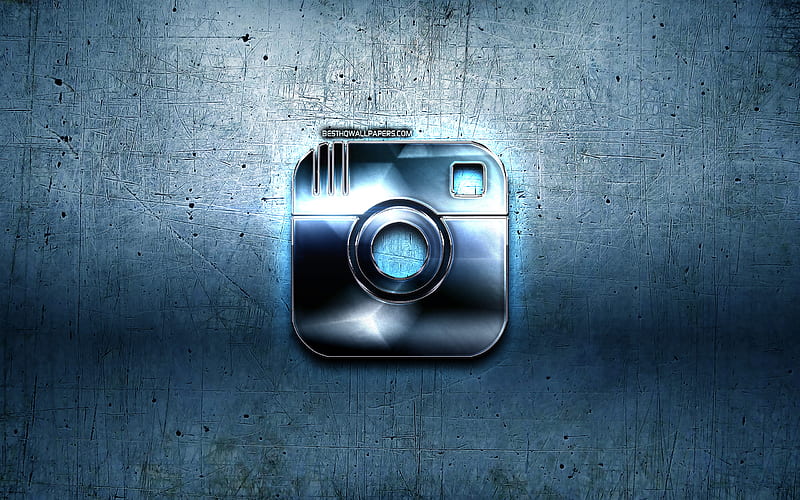 Instagram metal logo, blue metal background, artwork, Instagram, brands, Instagram 3D logo, creative, Instagram logo, HD wallpaper