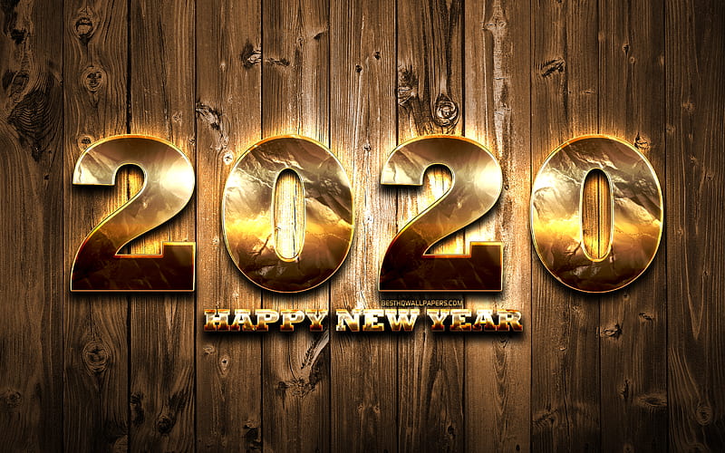 2020 golden digits, wooden background, Happy New Year 2020, creative, 2020 concepts, 2020 metal art, golden digits, 2020 on wooden background, 2020 year digits, HD wallpaper